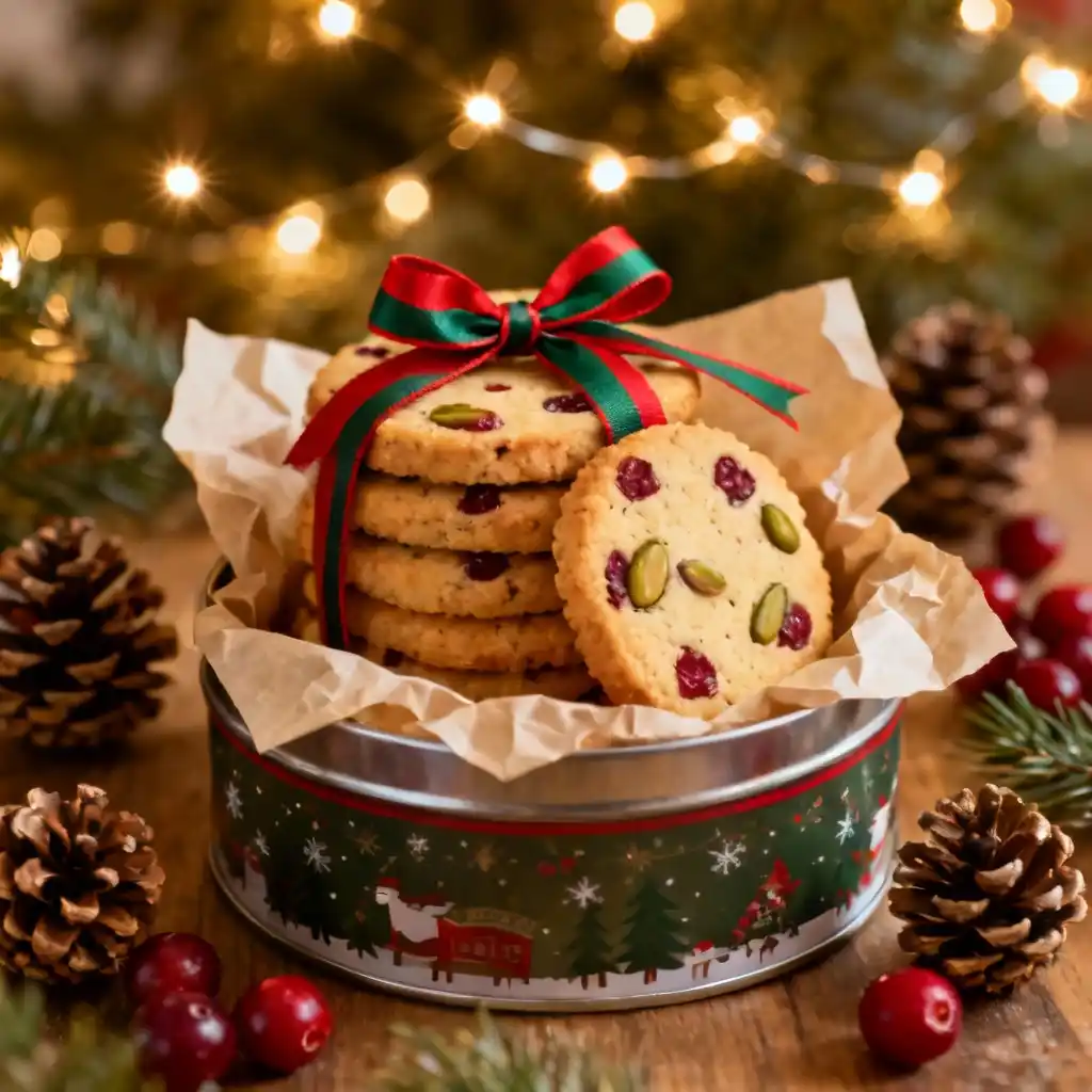Cranberry pistachio shortbread cookies in a Christmas tin with ribbon.