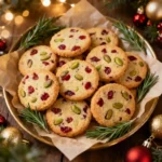 Festive platter of cranberry pistachio shortbread cookies with cranberries and pistachios.
