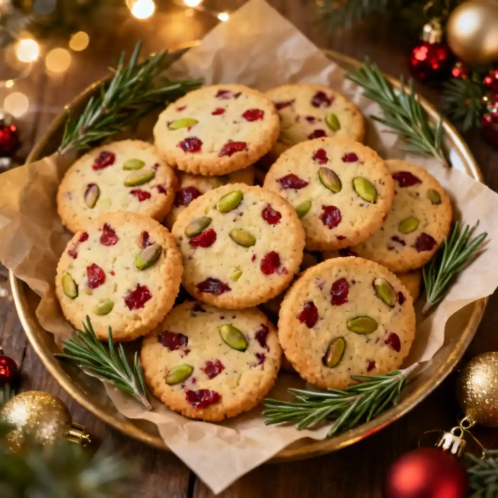 Festive platter of cranberry pistachio shortbread cookies with cranberries and pistachios.