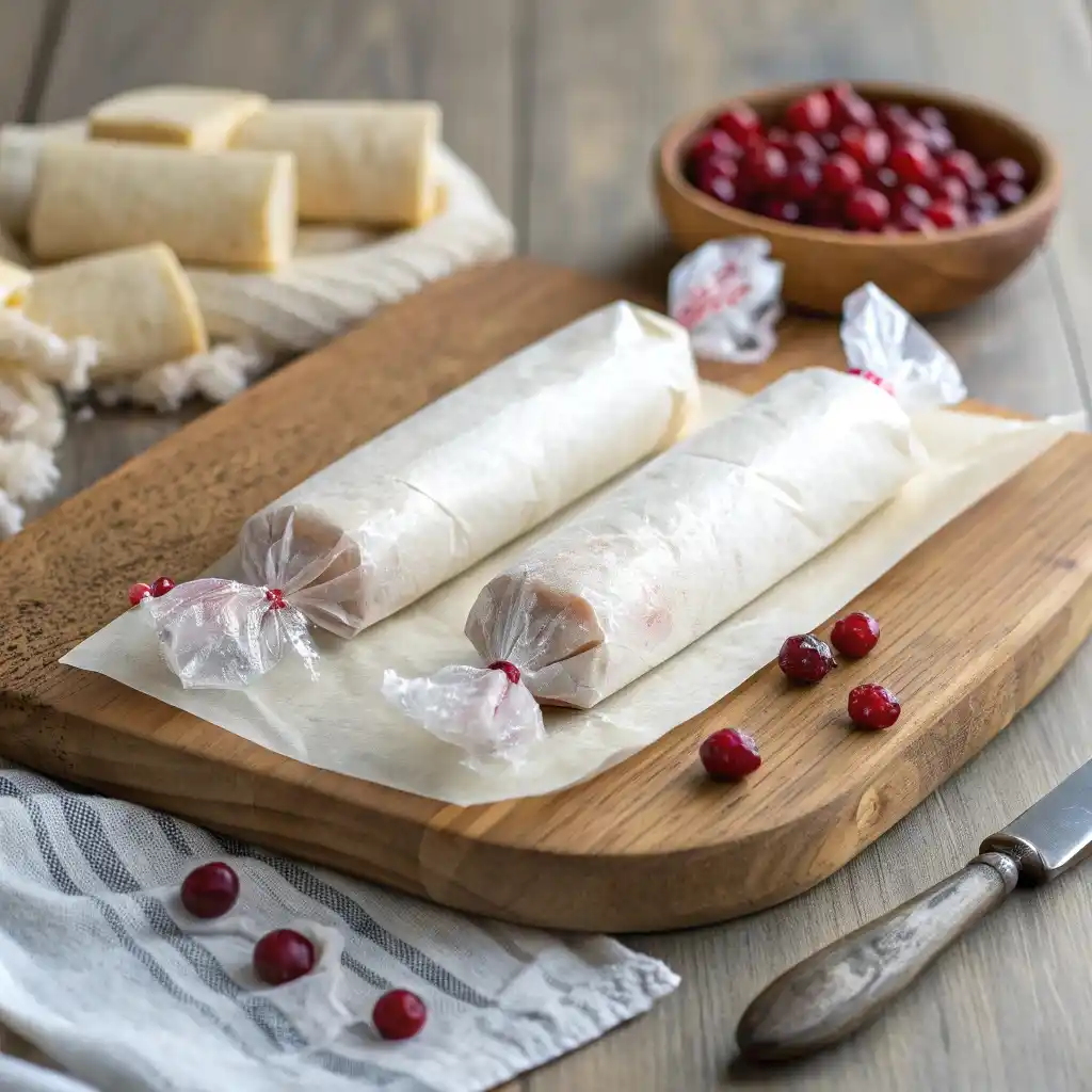 Rolled dough logs wrapped in parchment for slice and bake shortbread cookies.