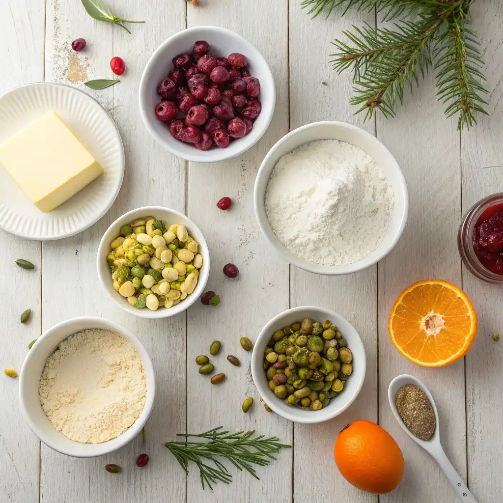 Flat lay of butter, flour, sugar, cranberries, pistachios, and zest for shortbread cookies.