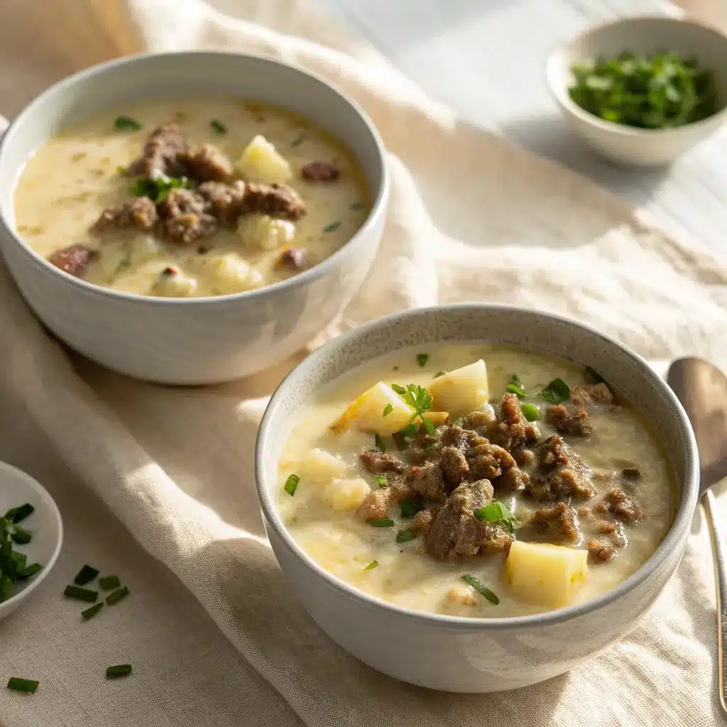 two bowls of creamy hamburger potato soup crockpot style on linen