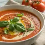 Close-up of basil and olive oil swirl on Creamy Roasted Tomato Basil Soup