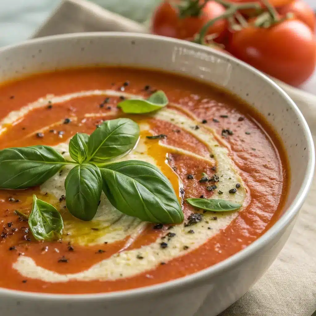 Close-up of basil and olive oil swirl on Creamy Roasted Tomato Basil Soup