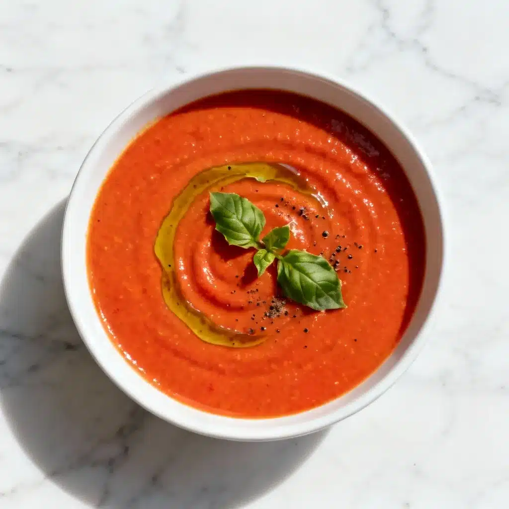 Silky Creamy Roasted Tomato Basil Soup with olive oil swirl and fresh basil
