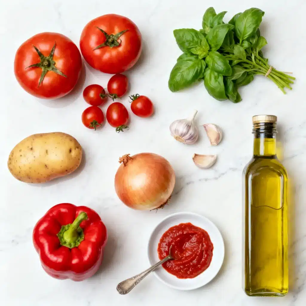 Fresh tomatoes, basil, garlic, red pepper, onion, and potato for Creamy Roasted Tomato Basil Soup