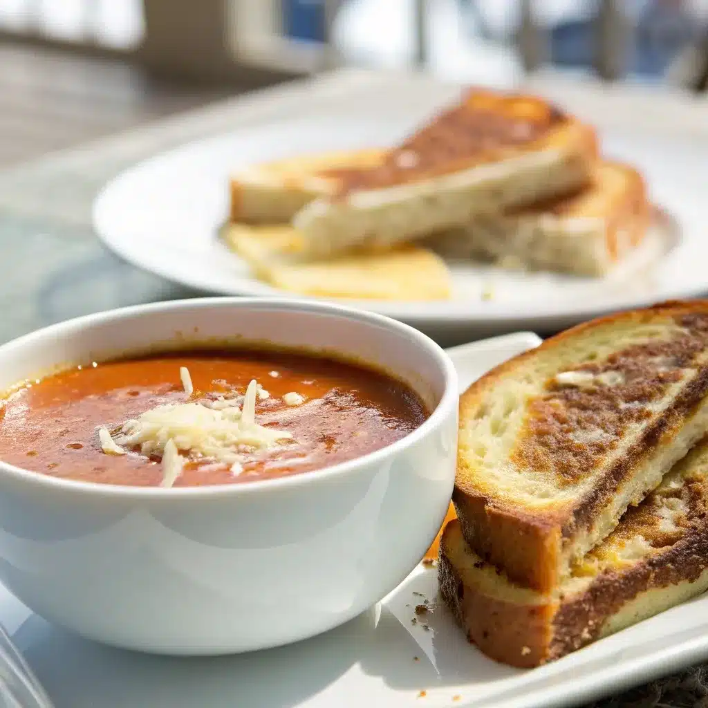 Bowl of Creamy Roasted Tomato Basil Soup served with a grilled cheese sandwich