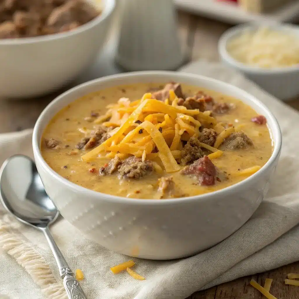 Cheeseburger soup variation with cheddar added to Crockpot creamy hamburger potato soup