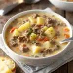 creamy crockpot potato and hamburger soup with beef, chives, and melted cream cheese