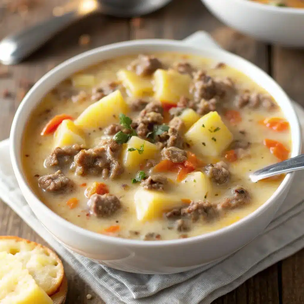 creamy crockpot potato and hamburger soup with beef, chives, and melted cream cheese