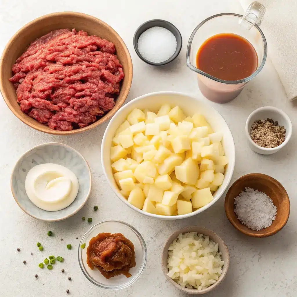 ingredients for crockpot creamy potato and hamburger soup on countertop
