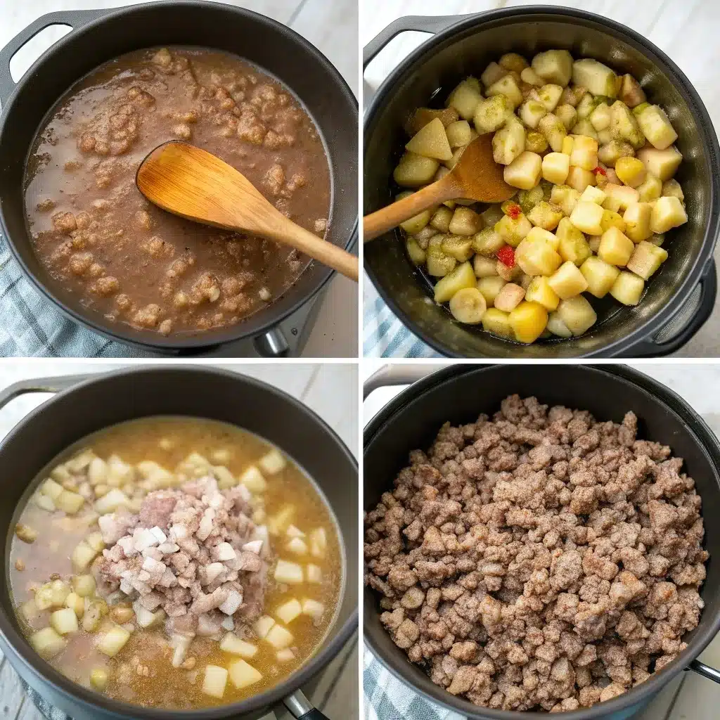 Step-by-step visual guide for making Crockpot Creamy Potato and Hamburger Soup with ground beef, potatoes, and cream cheese