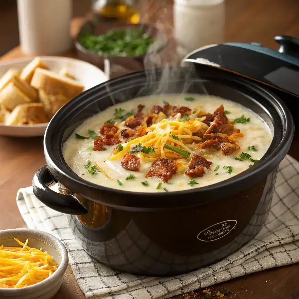 creamy loaded baked potato soup cooking in slow cooker