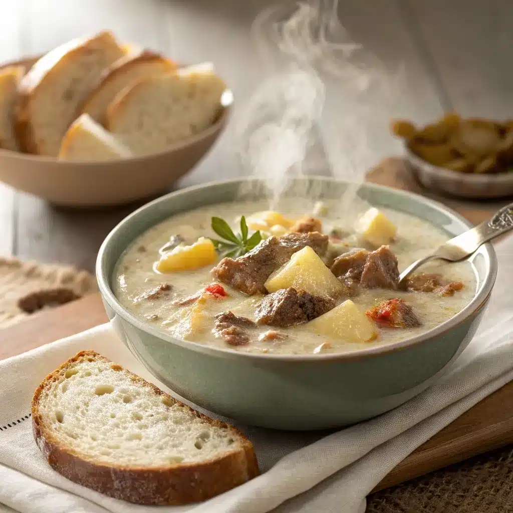 creamy crockpot potato and hamburger soup with bread on wooden table