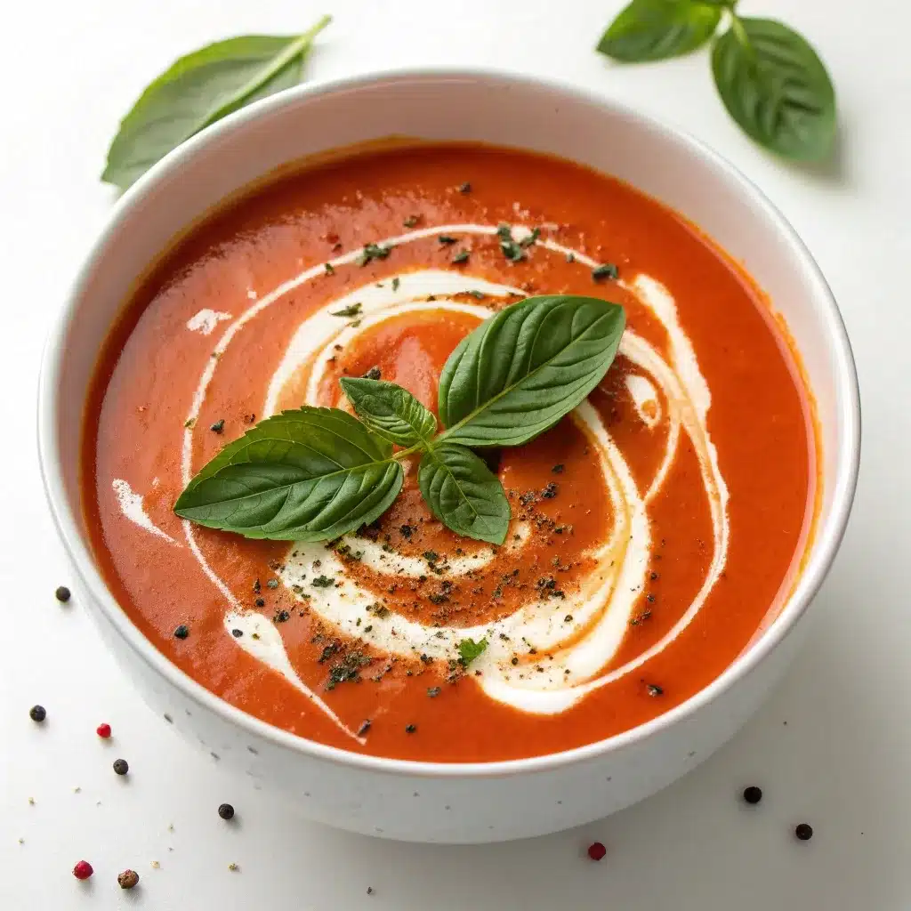 Creamy Roasted Tomato Basil Soup finished with a coconut milk swirl