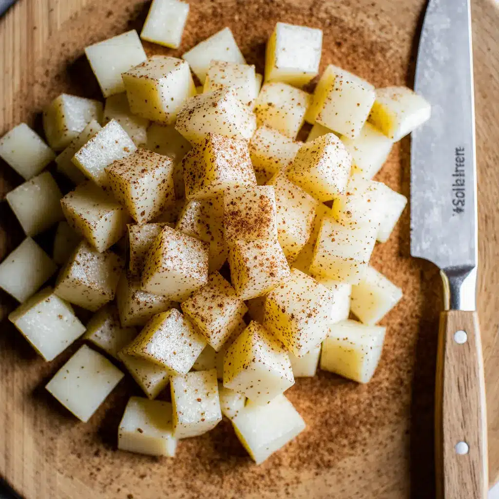 Cubes of fresh pears sprinkled with cinnamon and lemon juice on a cutting board.