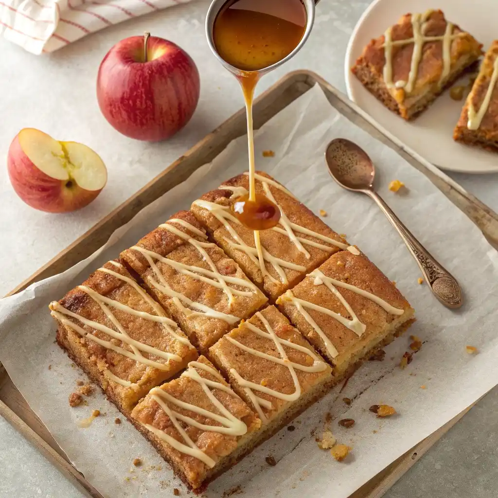 Spoon drizzling shiny apple cider glaze over blondie slab.