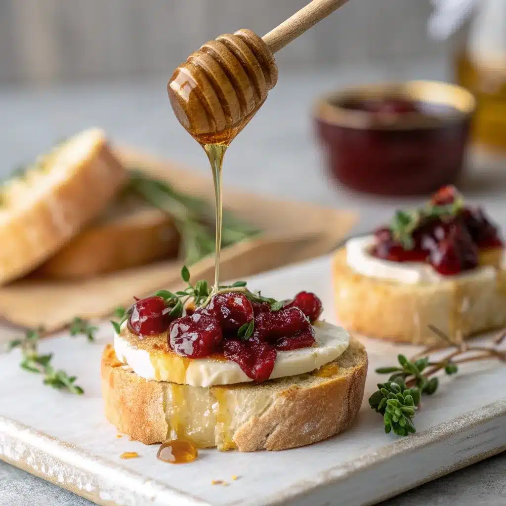 Honey drizzle and thyme garnish over cranberry brie crostini.