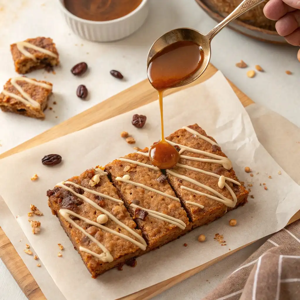 Spoon drizzling shiny maple glaze over cooled cookie bars.
