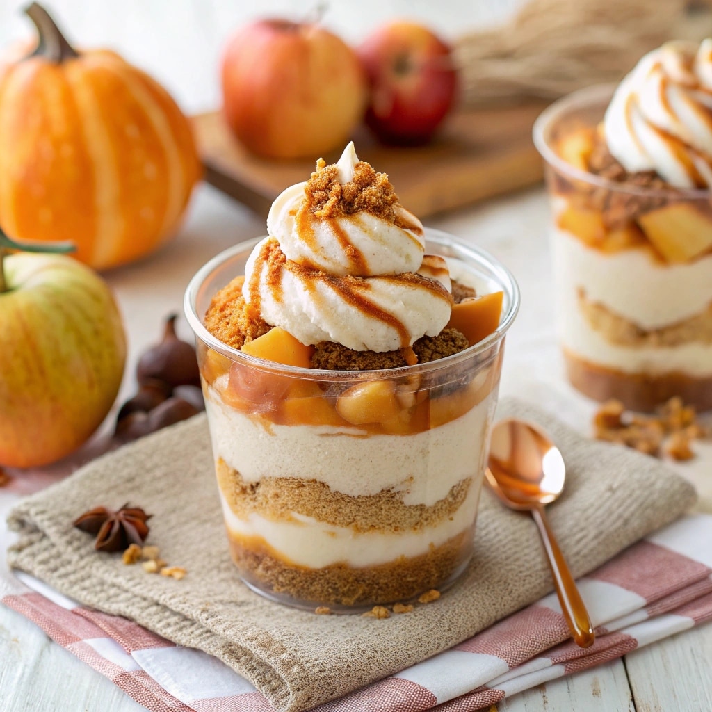 Close-up of caramel apple dessert cup with whipped topping and caramel drizzle