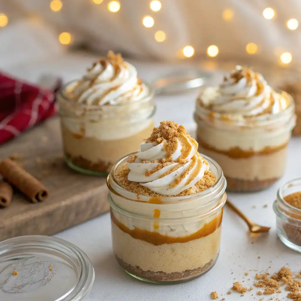 Finished no bake pumpkin cheesecake cups topped with whipped cream and caramel drizzle.