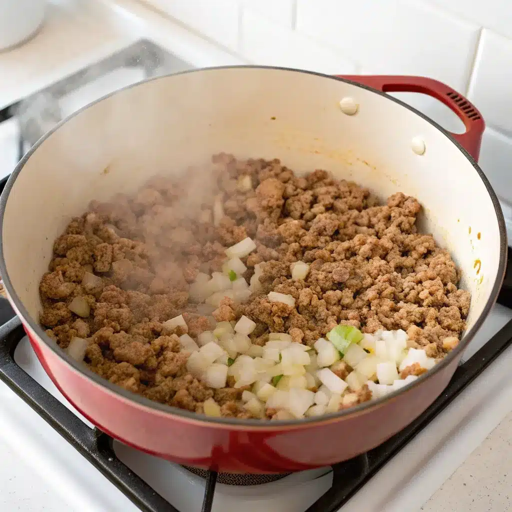 Browning lean ground turkey and onion in a Dutch oven for High Protein Creamy Lasagna Soup