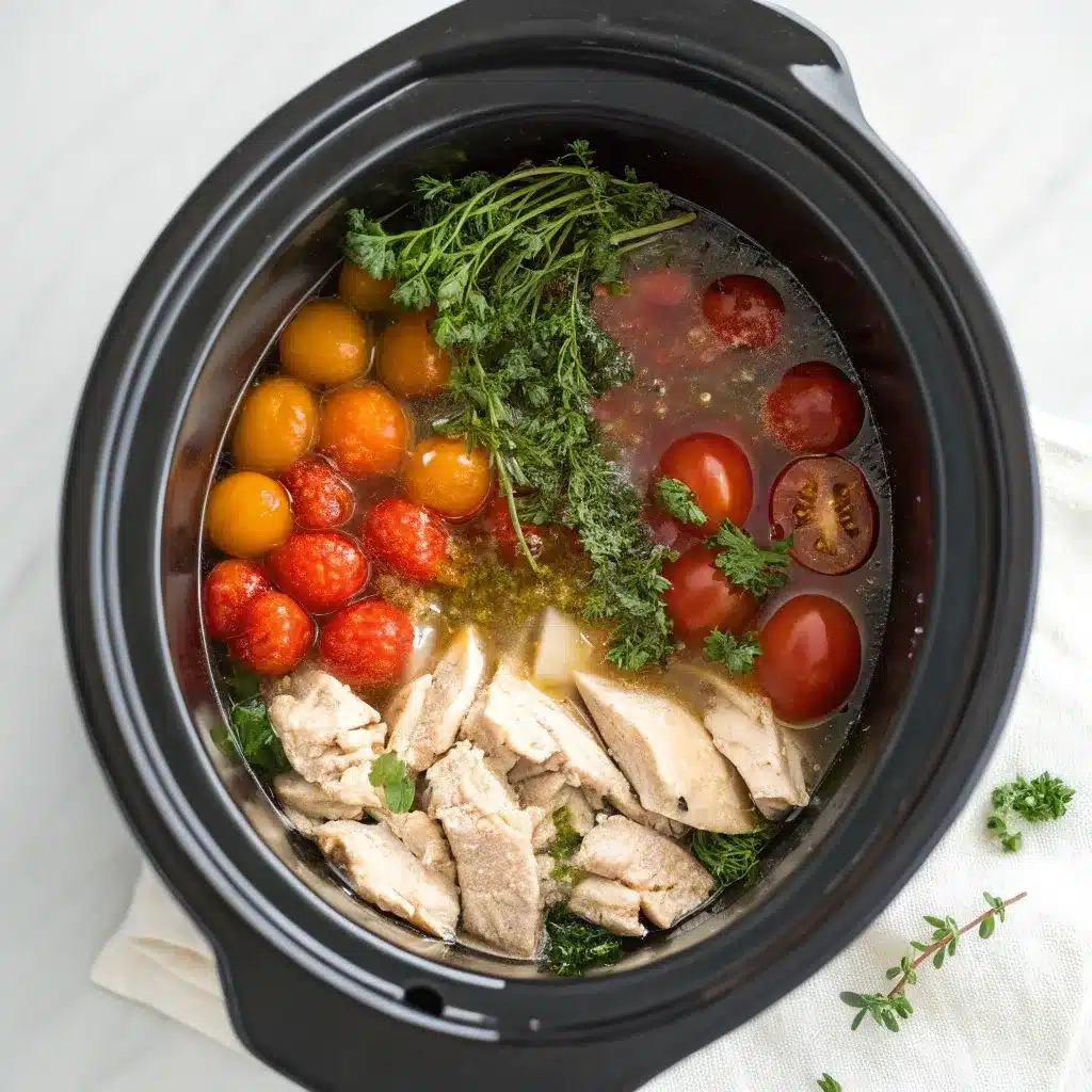 Slow cooker filled with ingredients for High Protein Creamy Lasagna Soup before adding noodles