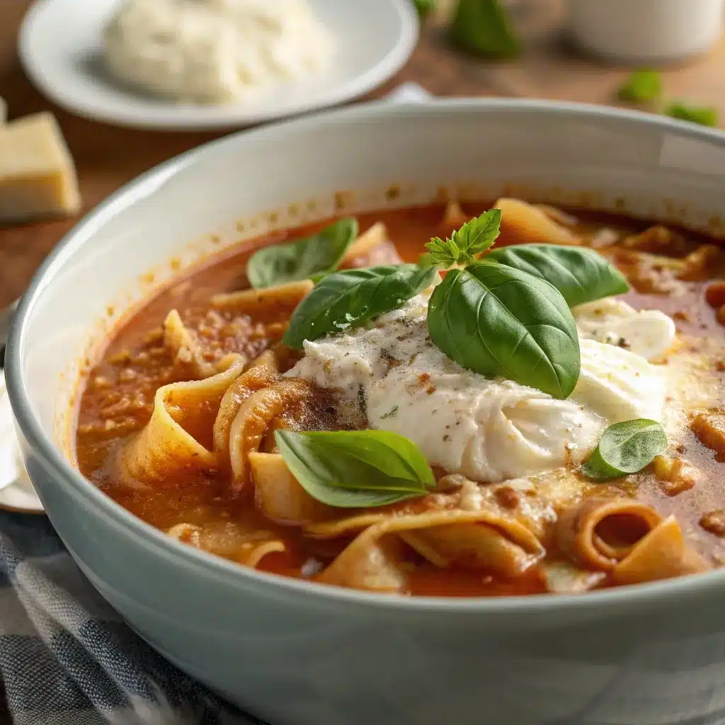 Close-up of High Protein Creamy Lasagna Soup with cottage cheese swirl, parmesan, and basil