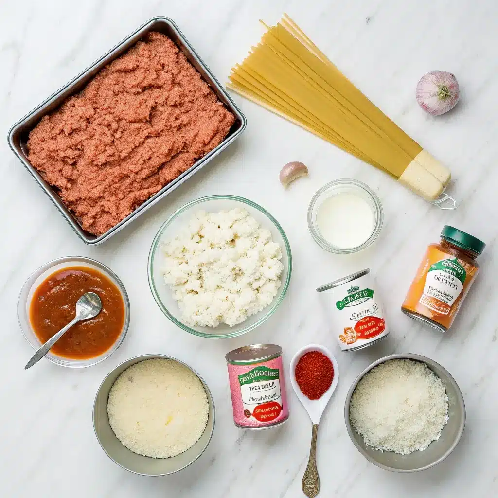 Ingredients for High Protein Creamy Lasagna Soup including turkey, cottage cheese, tomatoes, noodles, and herbs