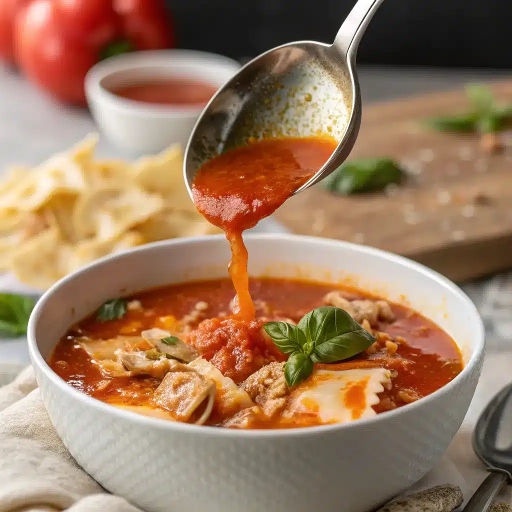 Ladle filling a bowl with High Protein Creamy Lasagna Soup