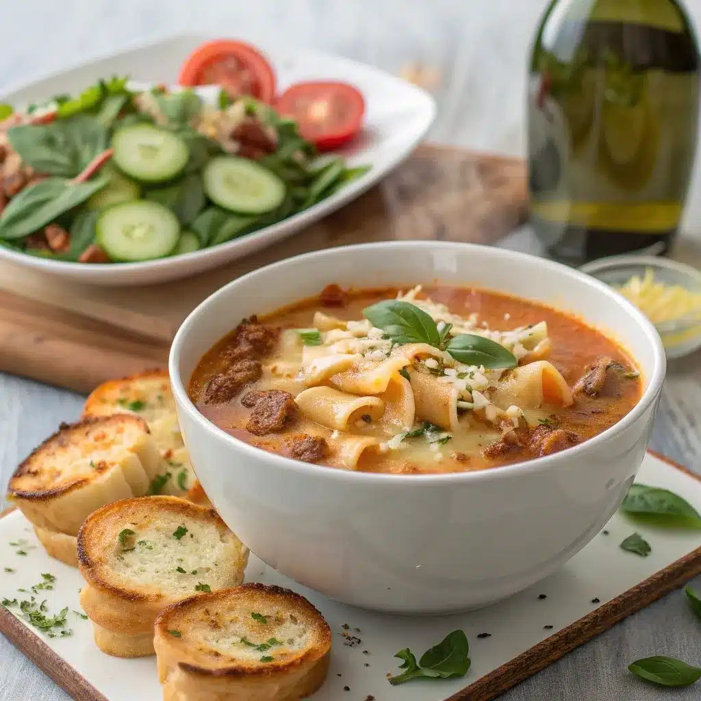 High Protein Creamy Lasagna Soup served with a green salad and crostini