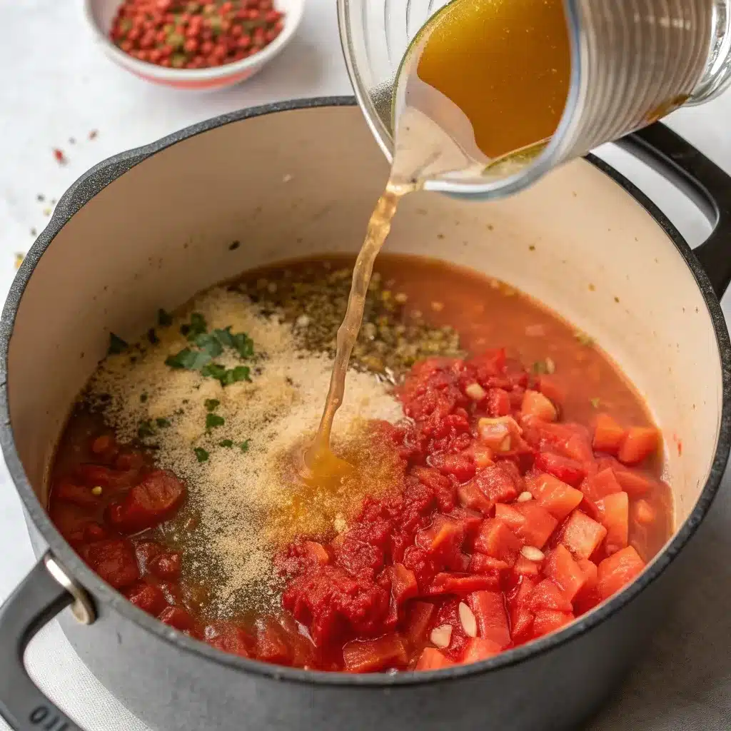 Crushed tomatoes, diced tomatoes, and broth added to the pot for High Protein Creamy Lasagna Soup