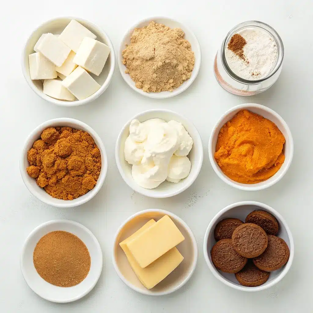 Ingredients for no-bake pumpkin cheesecake bars laid out on counter