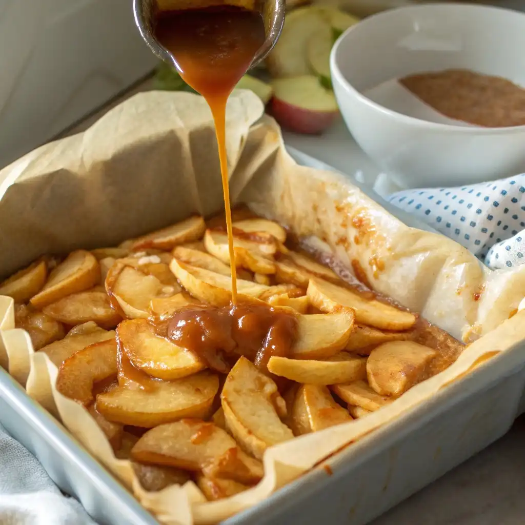 Drizzling caramel sauce over apple filling in a baking pan.