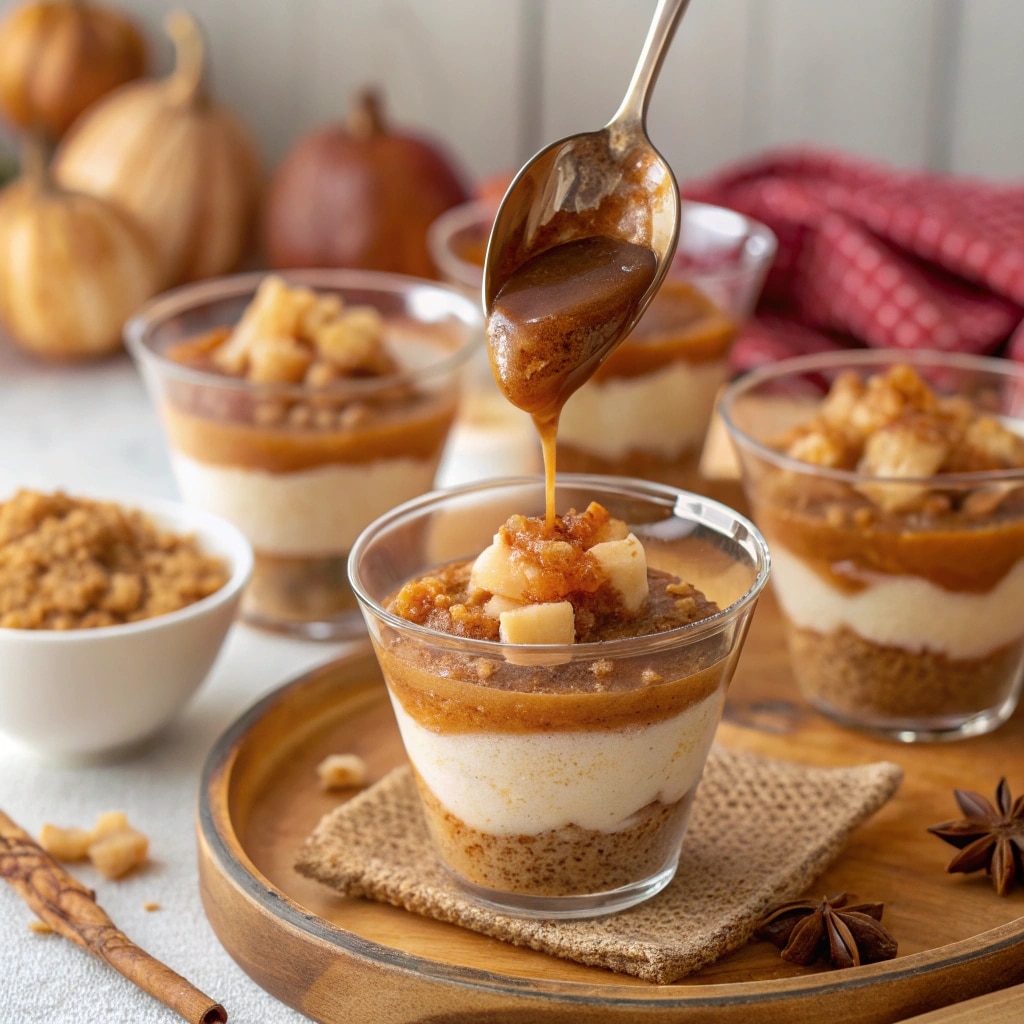 Layering caramel mousse and apples into clear dessert cups