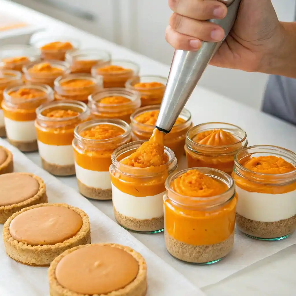 Piping pumpkin cheesecake filling into jars over graham crust.