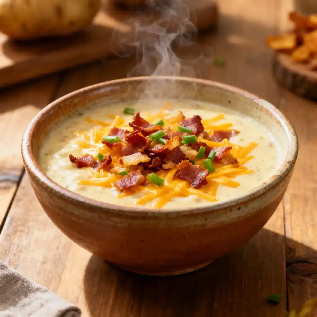 creamy loaded baked potato soup topped with bacon and cheese