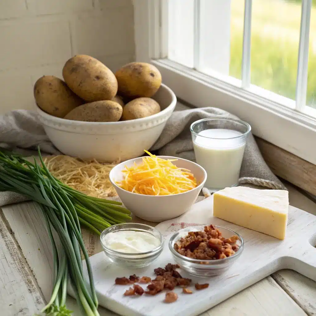 ingredients for loaded baked potato soup laid out on table
