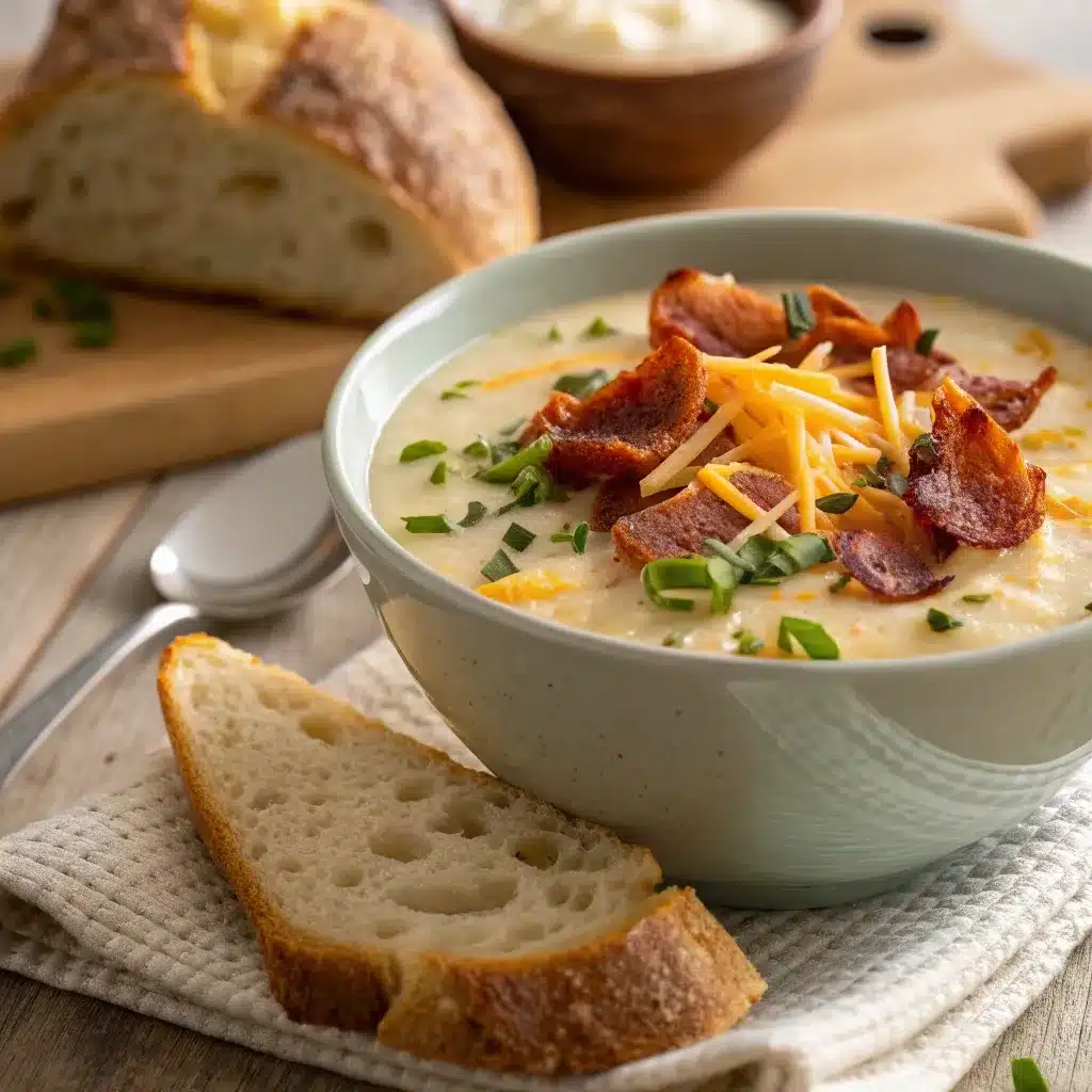 bowl of loaded baked potato soup topped with bacon and cheese