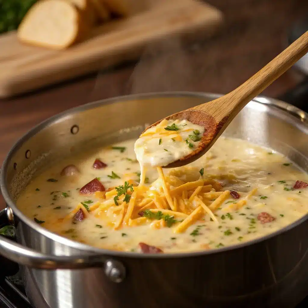 pot of loaded baked potato soup simmering on stove