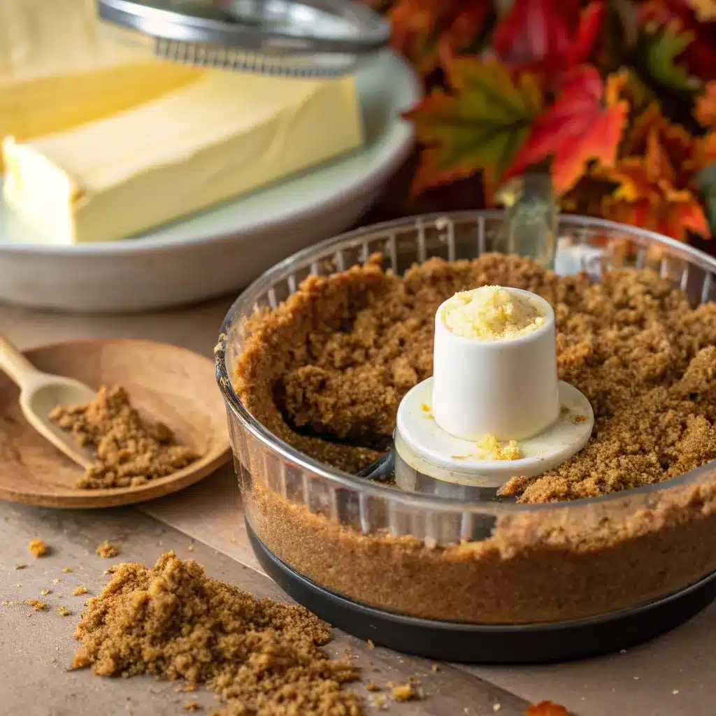 Crushed Biscoff cookie crust being pressed into pie dish