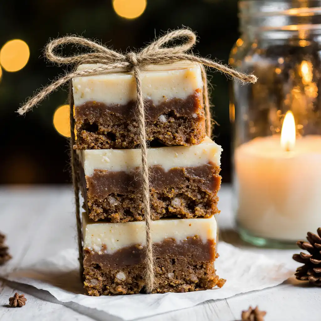 Stacked salted caramel apple crumble bars tied with twine.