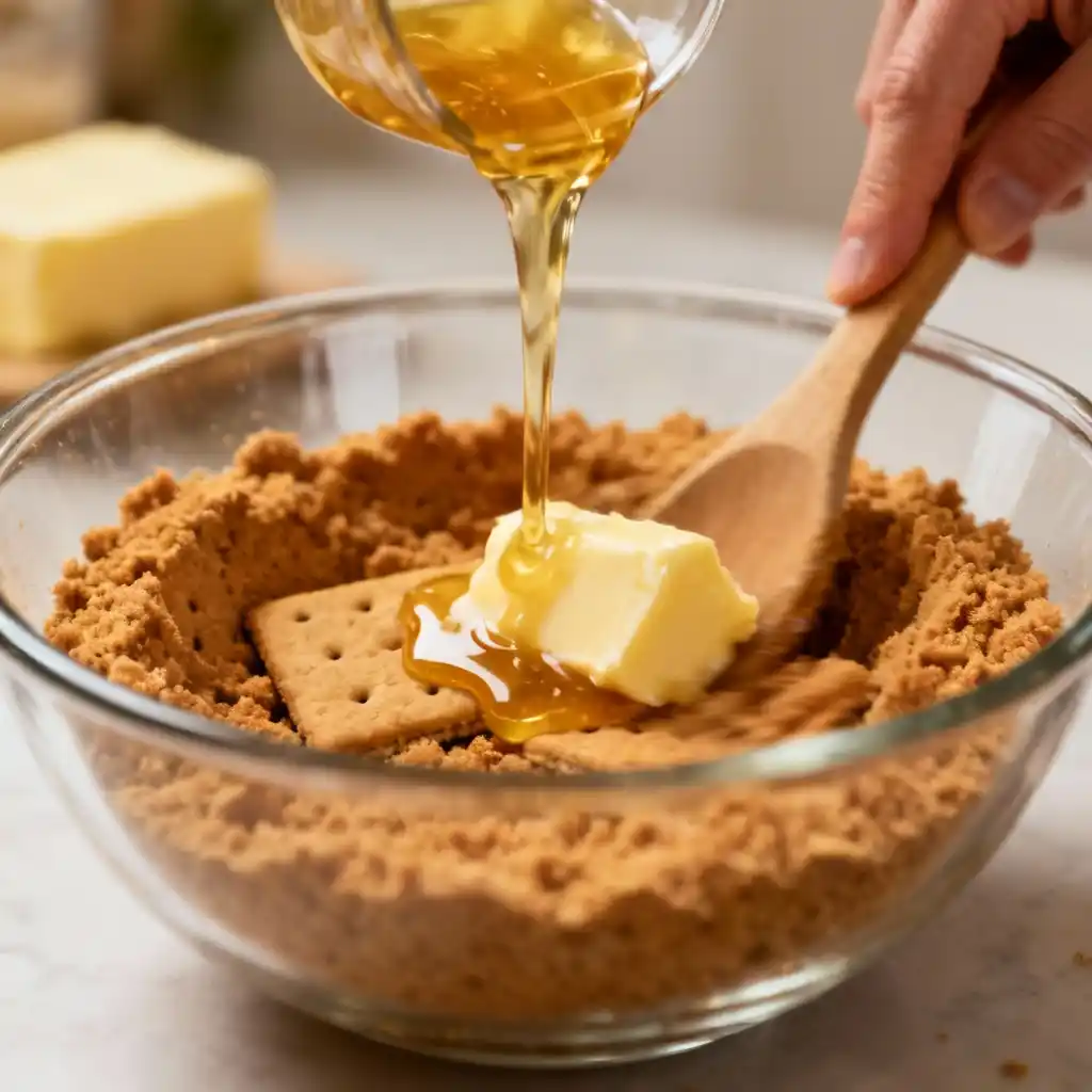 Melted butter poured into graham cracker crumbs for pumpkin cheesecake crust.