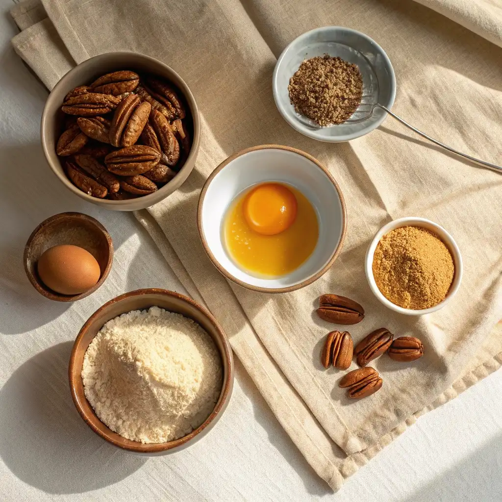Ingredients for maple pecan cookie bars arranged on beige linen.