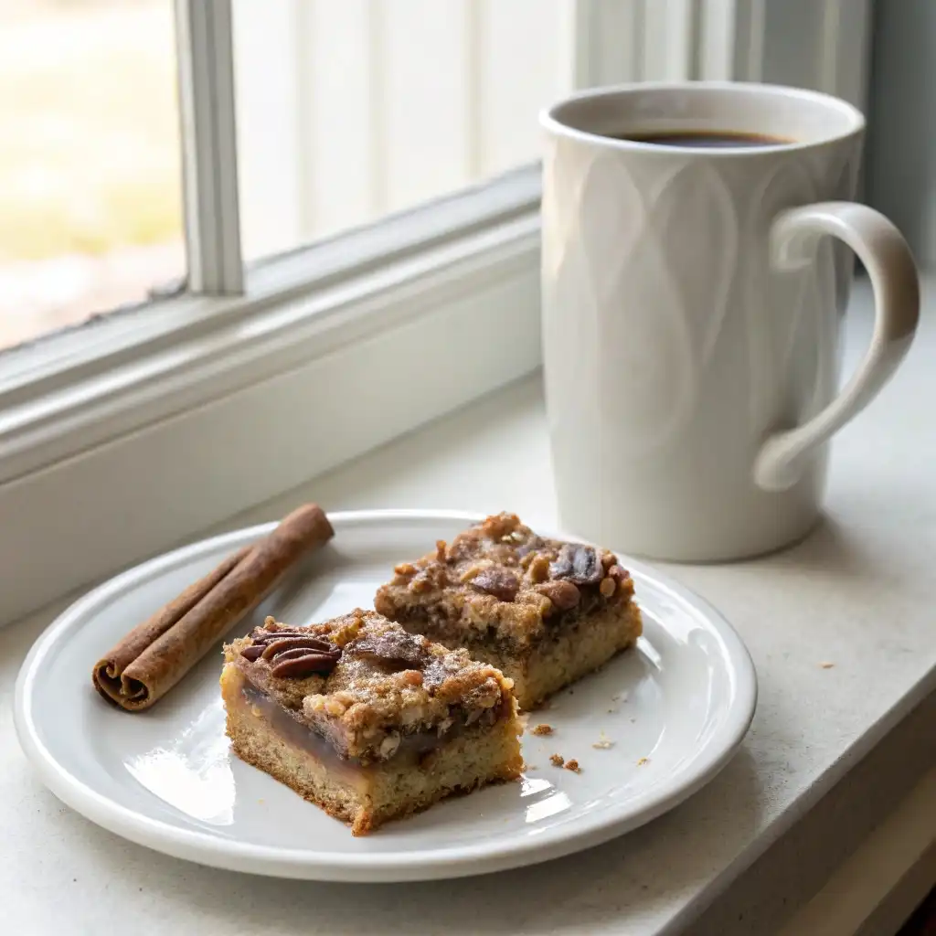 Maple pecan cookie bars on a plate beside a coffee mug.