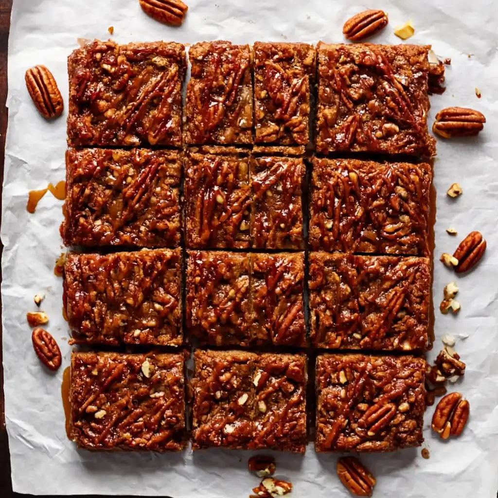 Maple pecan cookie bar squares with maple glaze on parchment, overhead.