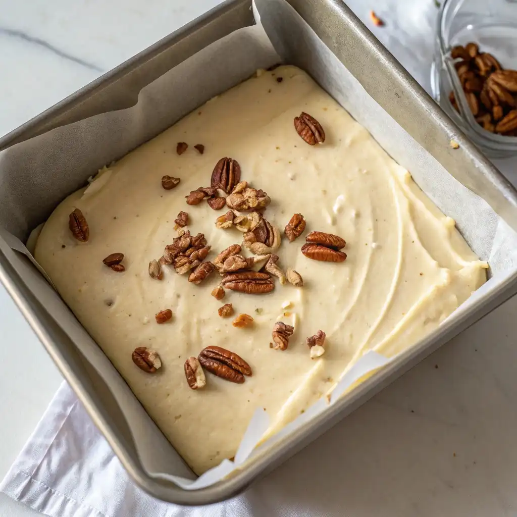 Maple pecan cookie bar batter smoothed in parchment-lined pan.
