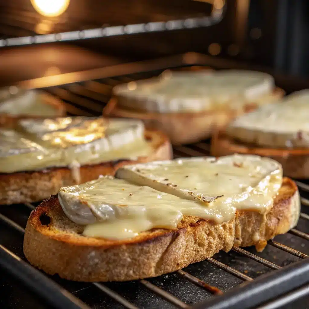 Brie cheese softening on toasted crostini inside oven.