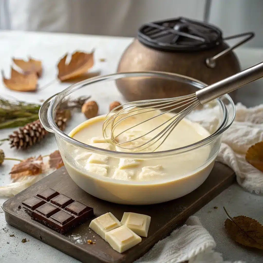 Melting white chocolate in a double boiler for pumpkin spice bark