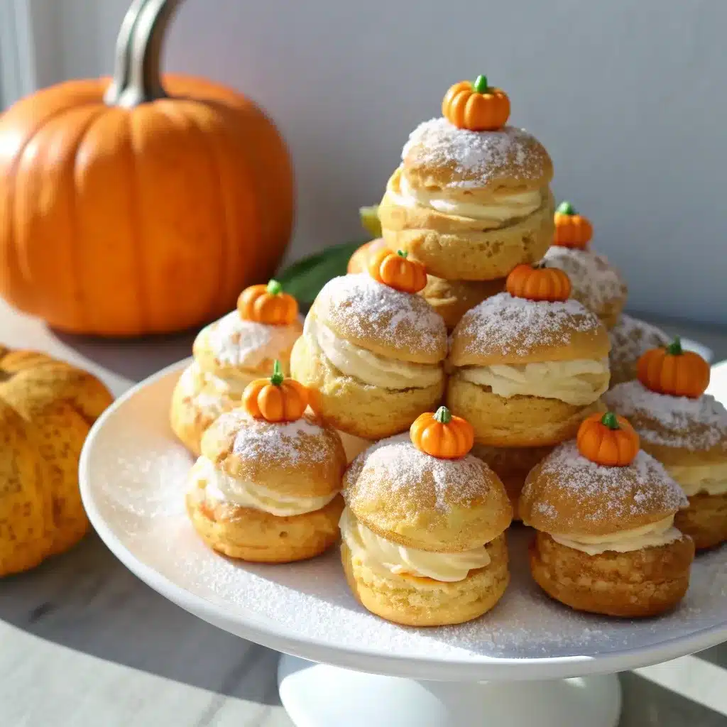Mini pumpkin cream puffs on a dessert tray